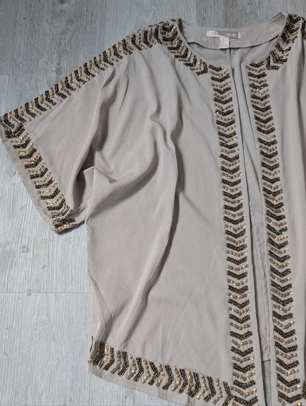 Forever 21 Boho Taupe Chevron Beaded Trim Open Front 3/4 Sleeve Kimono Jacket L - Picture 4 of 12